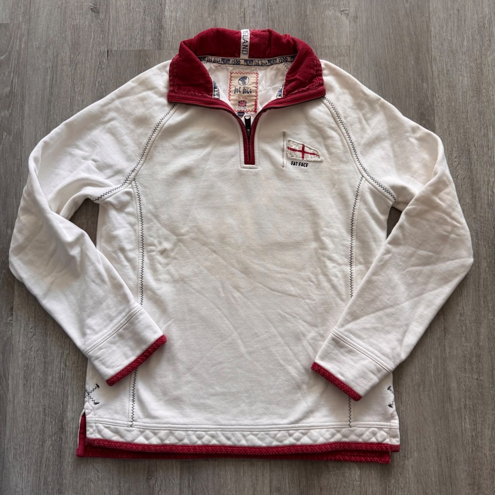 Fat Face The Airlie Quarter Zip Sweatshirt Cream Red England Flag Mens XS